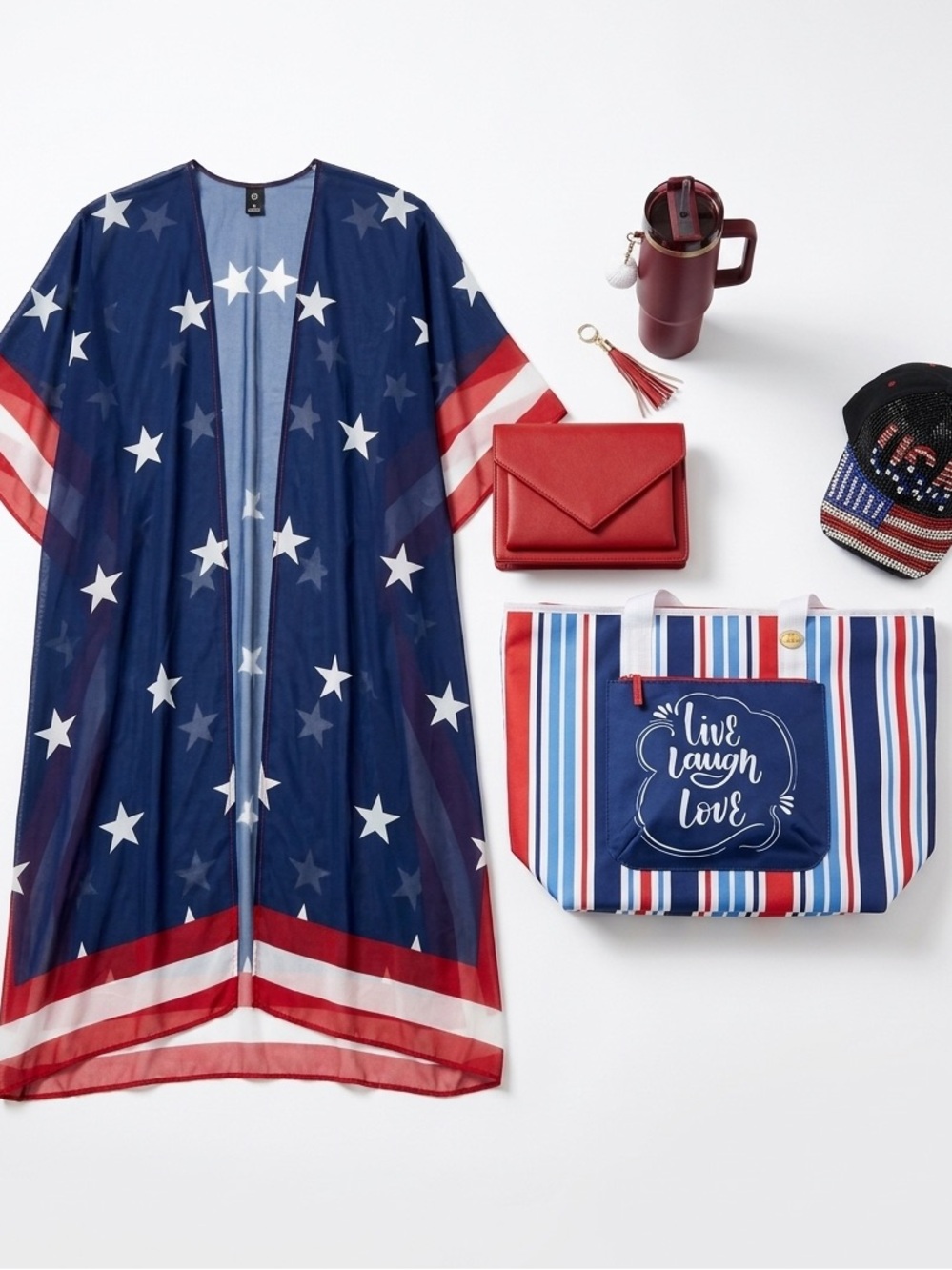 Americana 5-Pc Bundle Flag Kimono Happy Life Tote Red Cup Hat Purse